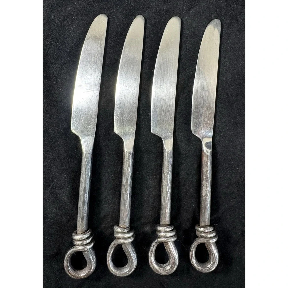 Rustic Hand Forged Black Loop Twist Dinner Knives Set 4 Blacksmith Hammered 9